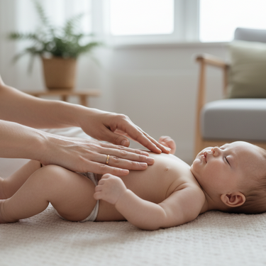 Nahaufnahme eines entspannten Babygesichts zur Förderung der Entwicklung durch Babymassage